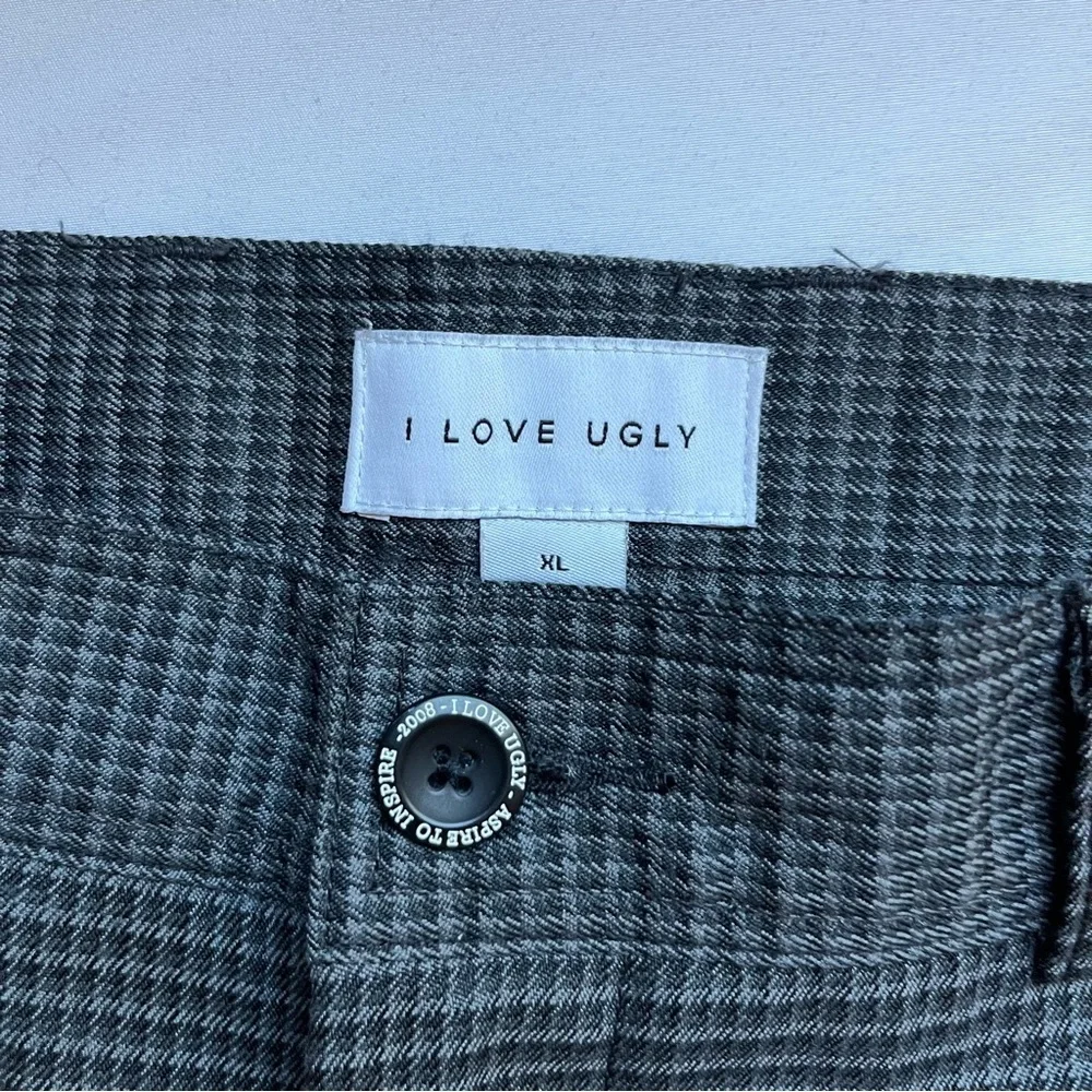 I LOVE UGLY grey plaid mens straight leg trousers‎